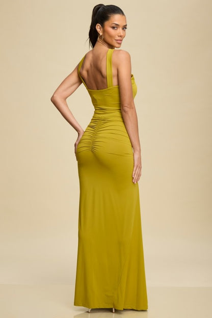 MOCK NECK DRAPÈ GOLD TRIM DRESS