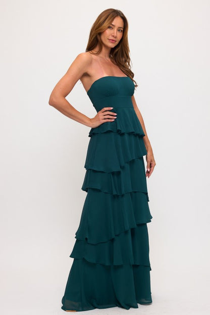 ASYMMETRICAL RUFFLE TIERED MAXI DRESS