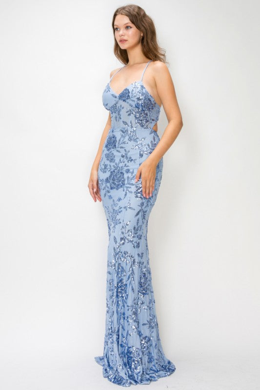 FLORAL SEQUIN MERMAID MAXI COCKTAIL DRESS