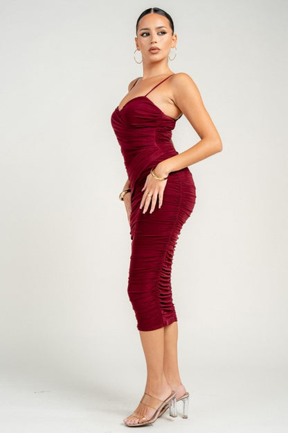 SWEETHEART RUCHED BODYCON MIDI PARTY DRESS