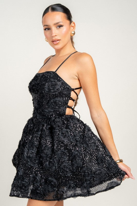STRAPY OPEN BACK 3D SEQUIN LACE MINI PARTY DRESS