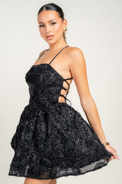 STRAPY OPEN BACK 3D SEQUIN LACE MINI PARTY DRESS