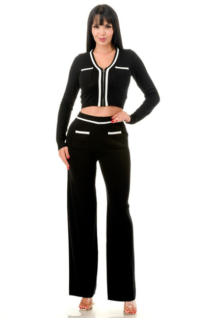 CROP TOP AND WID LEG PANTS KNIT MATCHING SET