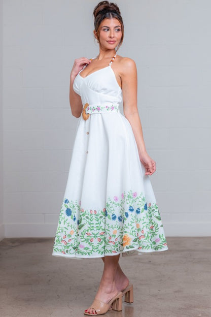 HALTER NECK LINEN FLORAL MIDI SUMMER DRESS