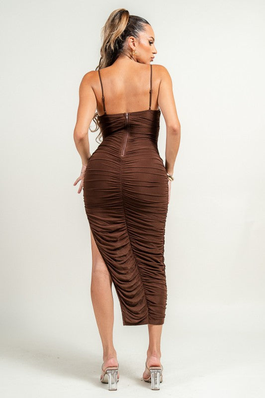 LUXE SHIRRING RUCHED SIDE SLITTED MIDI MESH DRESS