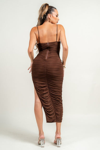 LUXE SHIRRING RUCHED SIDE SLITTED MIDI MESH DRESS