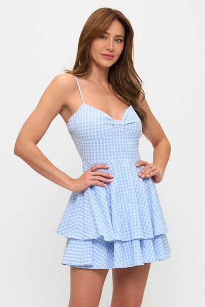 GINGHAM BOW BUST TIE BACK MINI DRESS