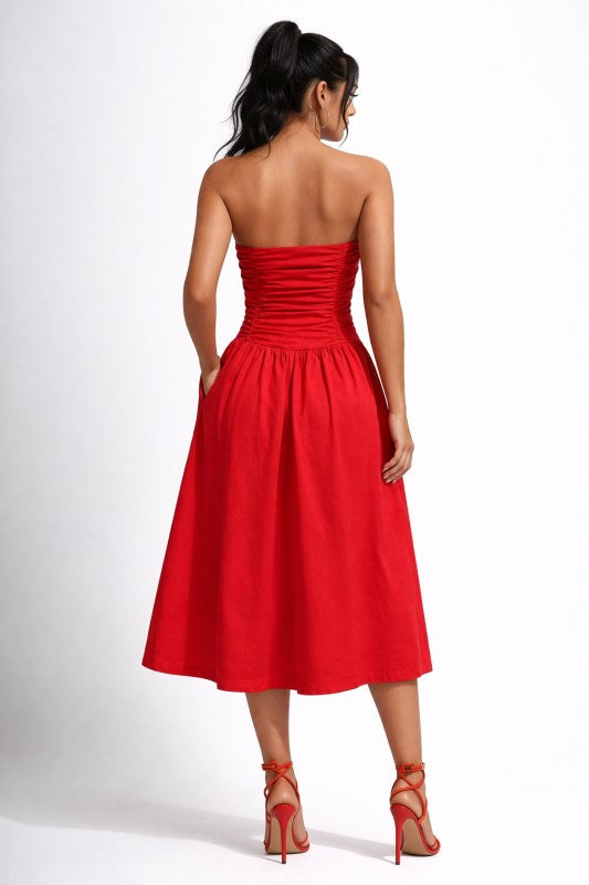 STRAPLESS MIDI DRESS WITH POCKETS