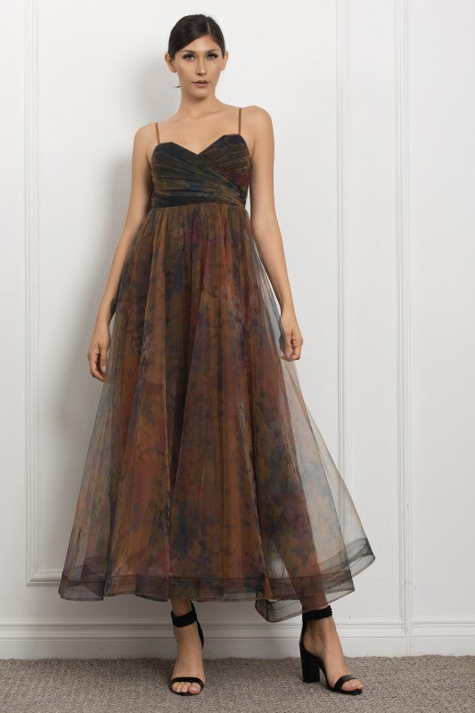 SPAGHETTI SHOULDER CORSET TULLE MAXI PARTY DRESS