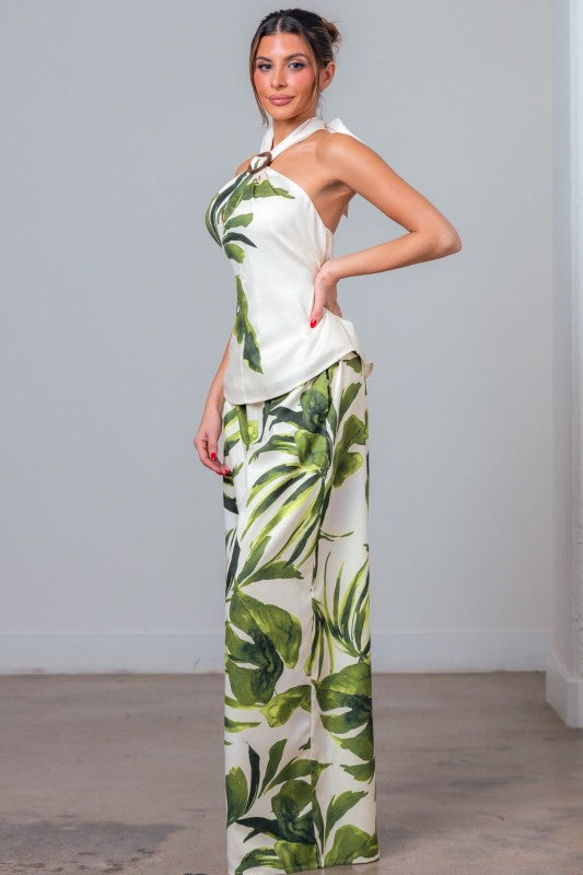 PRINTED HALTER NECK TOP WIDE LEG PANTS SET