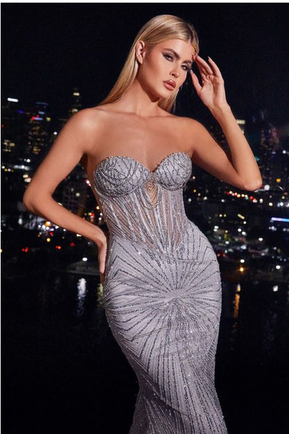 STRAPLESS SILVER EMBELLISHED MAXI COCKTAIL DRESS