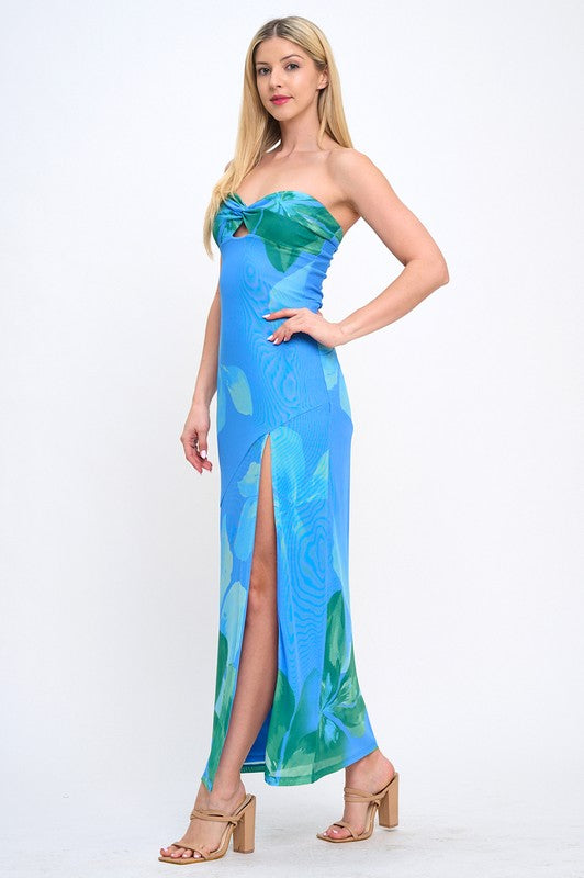 FLORAL KEYHOE CUT OUT SLIT MAXI DRESS