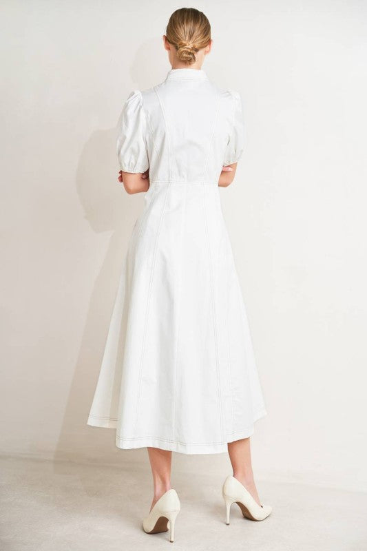 SOLID WOVEN SHORT BUFF SLEEVES MIDI DRESS