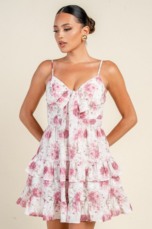 FRONT TIE DETAIL & RUFFLE TIRE MINI DRESS