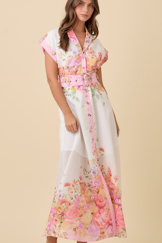 FLORAL LAPEL COLLAR BUTTON DOWN SUMMER MAXI DRESS