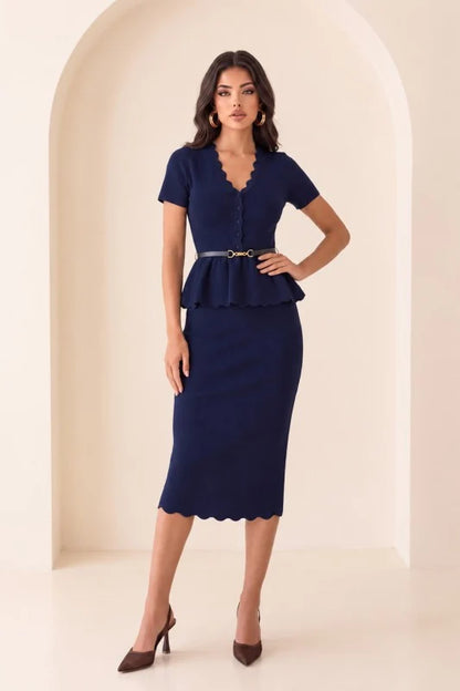 V NECK SCALLOP DETAILED KNIT MIDI DRESS