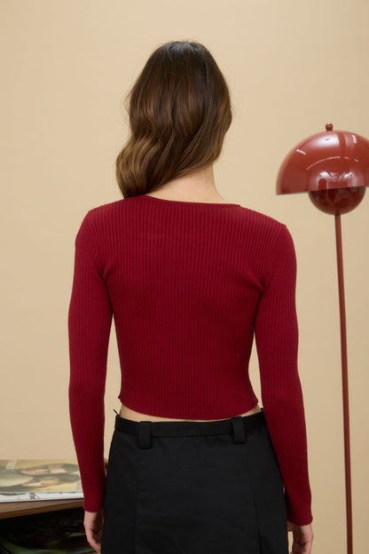 CUTOUT BOW DETAIL RIBBER KNIT CARDIGAN