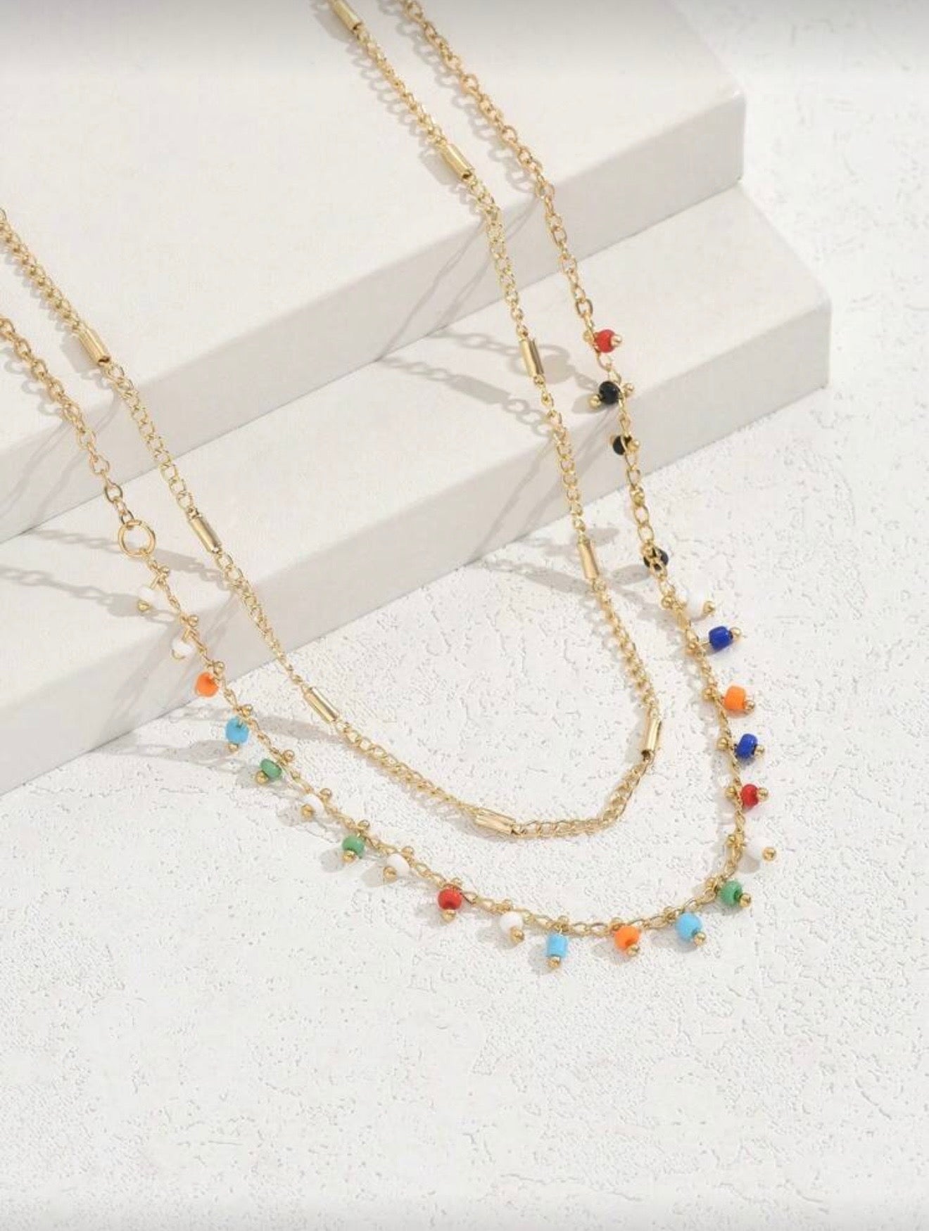 GOLD PLATED COLORFUL BEADED DOUBLE LAYERED NECKLACE