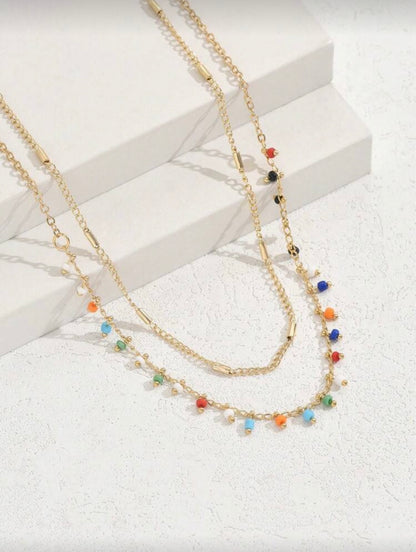 GOLD PLATED COLORFUL BEADED DOUBLE LAYERED NECKLACE