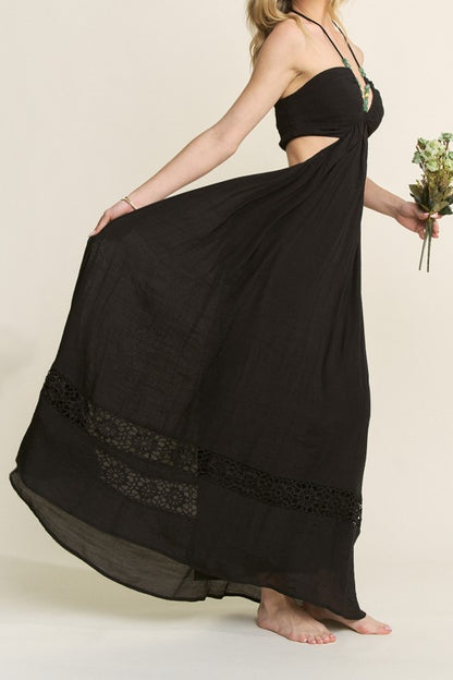 STONE BEAD HALTER STRAP CUTOUT MAXI DRESS