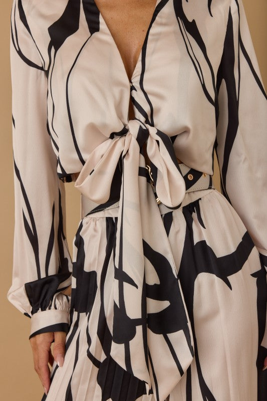 PLEATED PRINTED LONG SLEEVES TOP PANTS SET