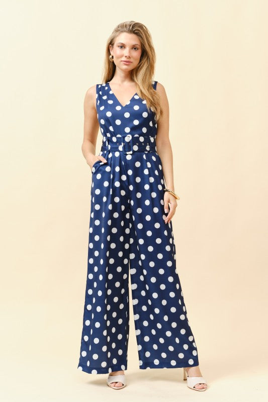 SLEEVELESS POLKA DOT BELTED WIDE LEG JUMPSUIT