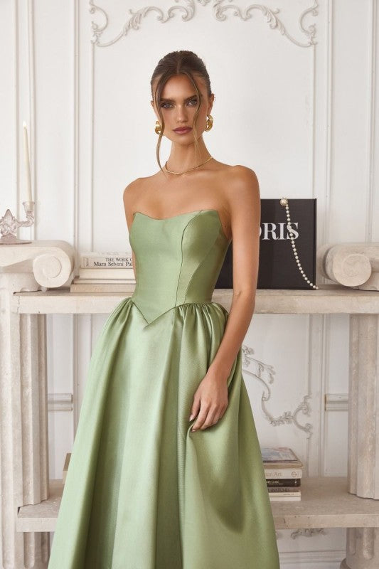STRAPLESS NECKLINE MIDI SATIN COCKTAIL DRESS