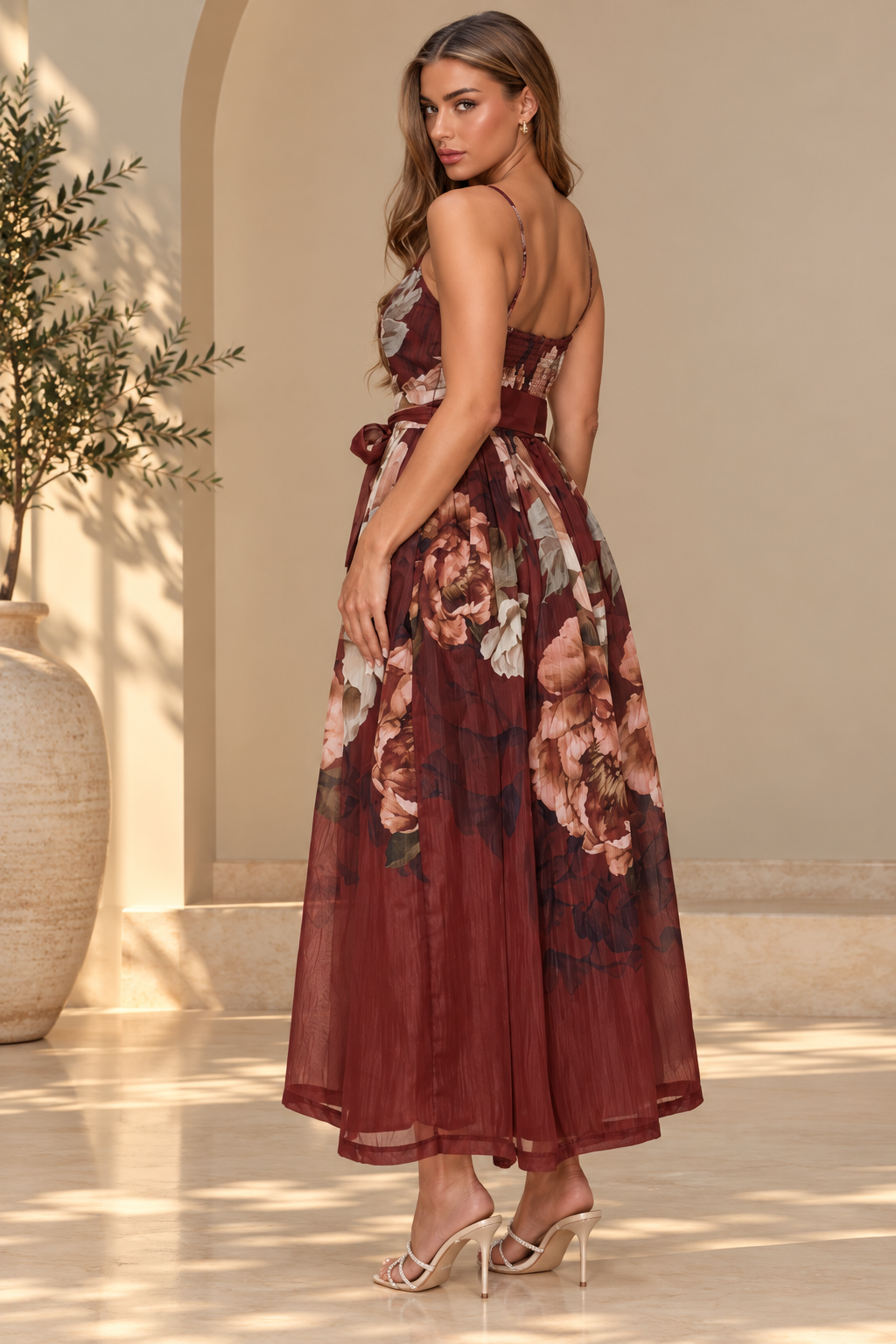 FLORAL SLEEVELESS FRONT TIE MIDI DRESS