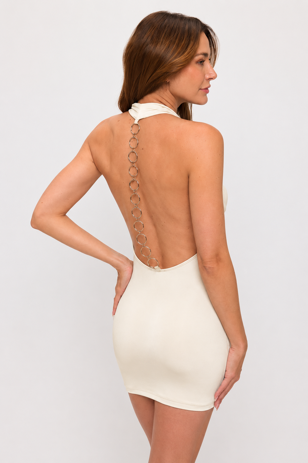 HALTER O RING BACK CHAIN BODYCON MINI DRESS