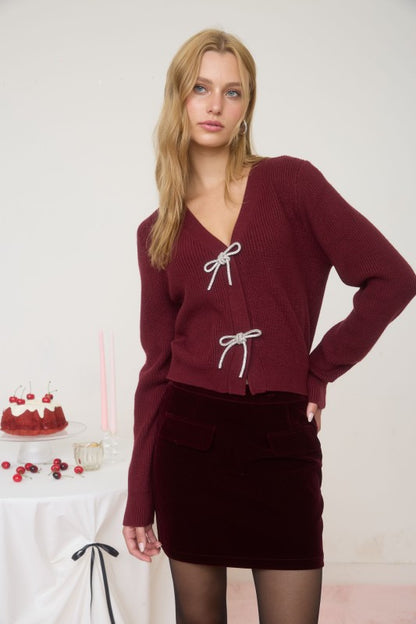 (FRONT JEWELED BOW DETAIL KNIT CARDIGAN
