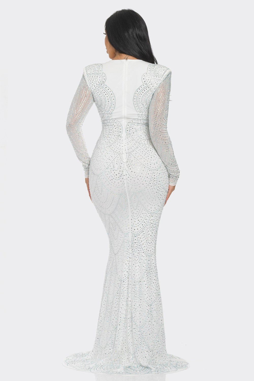 RHINESTONE EMBELLISHED LONG SLEEVE MAXI Cocktail DRESS