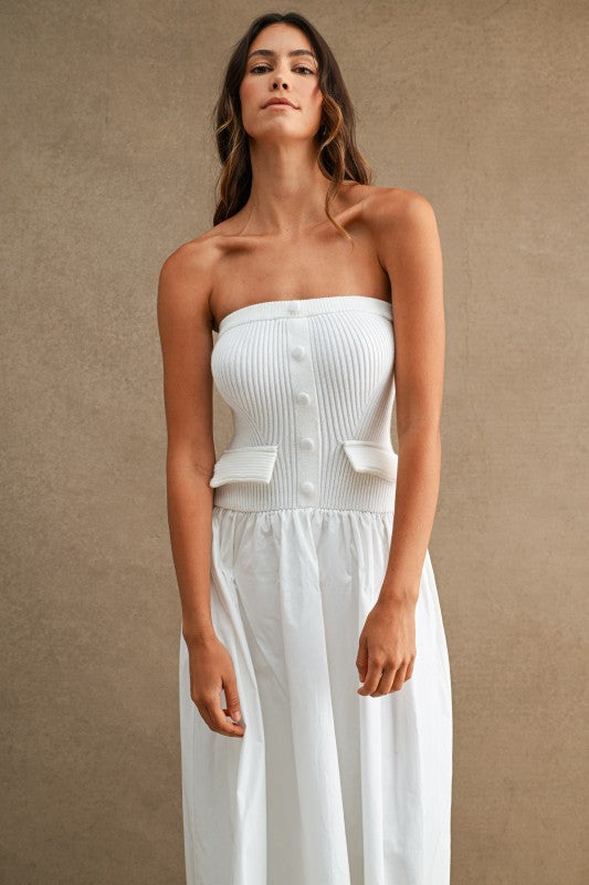 STRAPLESS RIBBED KNIT BODICE POPLIN MIX MAXI DRESS