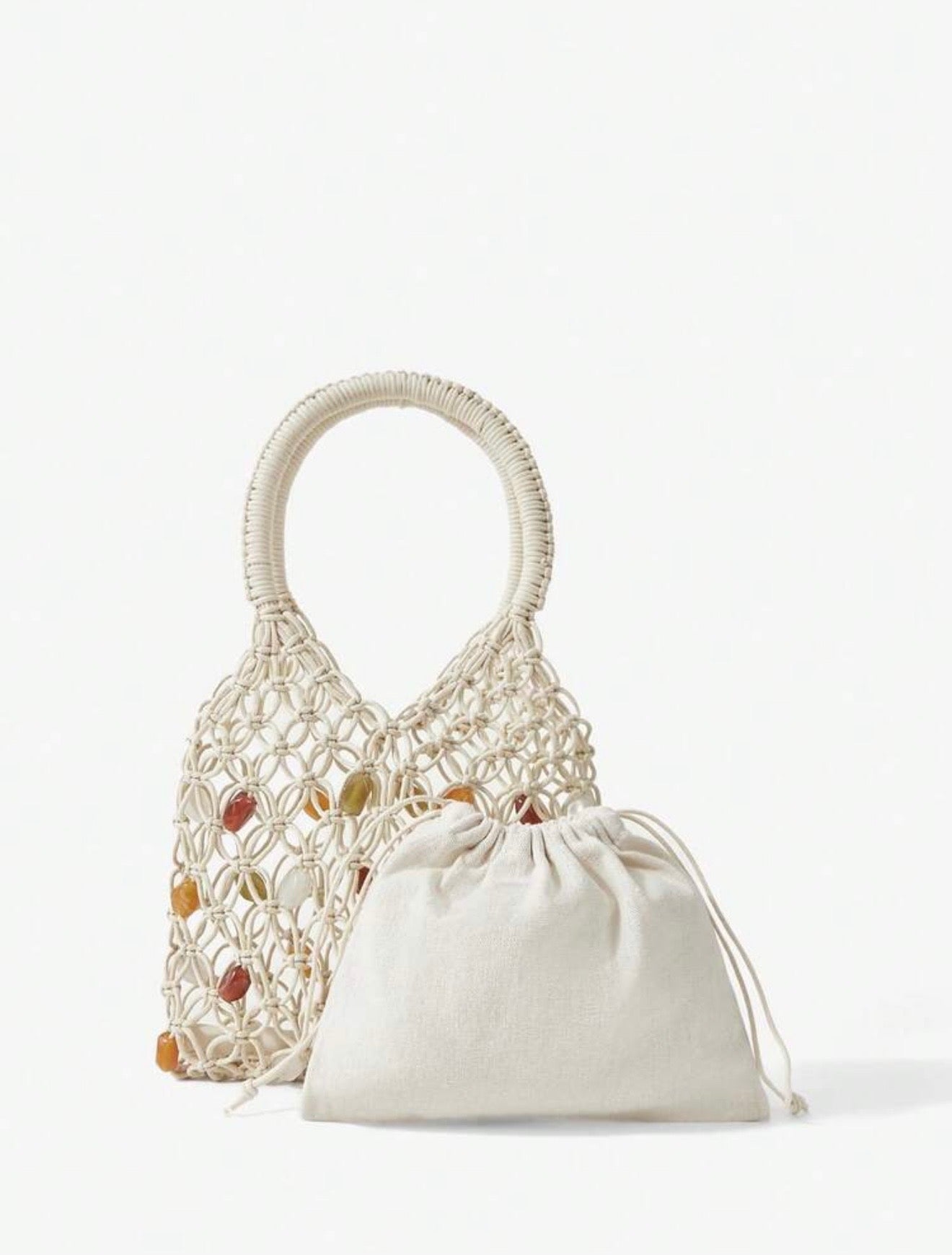 TOP HAND WOOVEN BEACH HANDBAG WITH COLORFUL BEADS