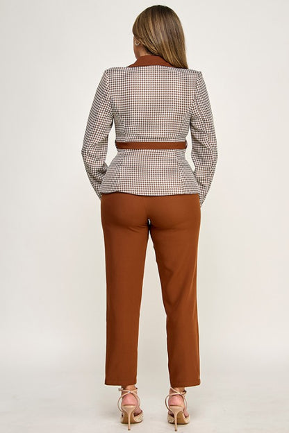 LONG SLEEVES CONTRAST BELTED JACKET WITH PANTS SET