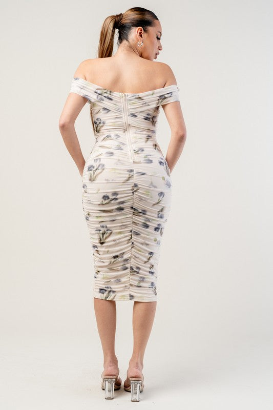 MESH FLORAL OFF SHOULDER MIDI DRESS