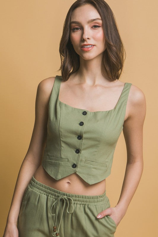 LINEN CROPPED BUTTON-FRONT TOP & PANTS SET