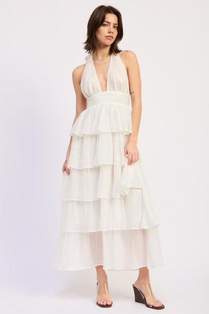 HALTER TIERED MIDI DRESS WITH NECK TIE