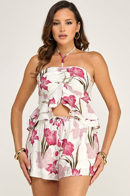 PRINTED HALTER TOP SHORT SET WITH WITH STONE TRIM