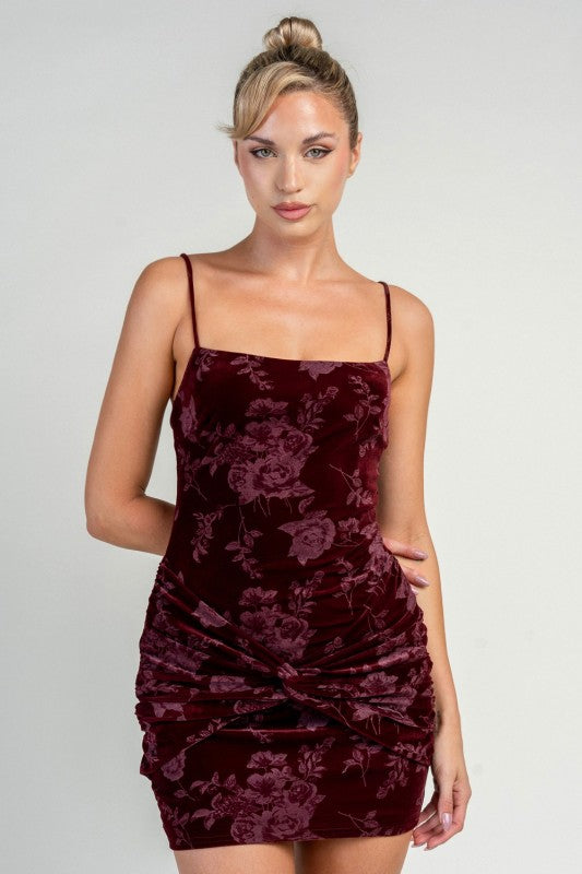 FRONT TWIST VELVET MINI DRESS