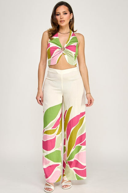 BORDER PRINTER HALTER NECK TOP PANTS SET WITH SPIRAL TRIM DETAIL