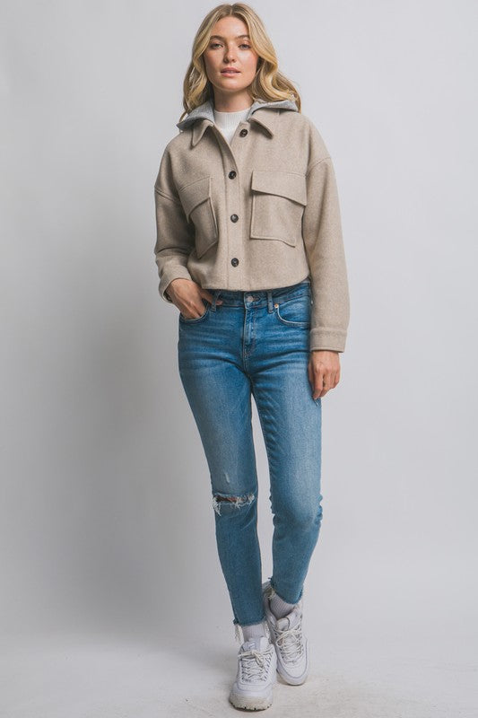 CROPPED FLEECE SHACKET WITH REMOVABLE HOOD