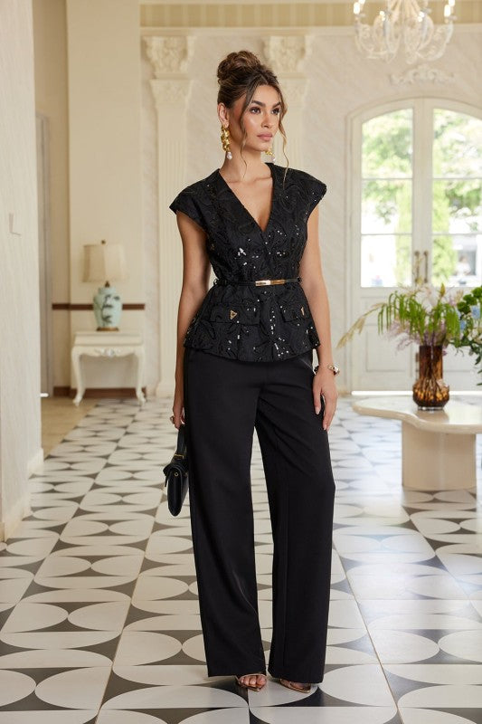 SEQUIN JACQUARD V-NECK PEPLUM TOP & WIDE LEG PANTS