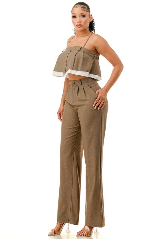 RUFFLE CROP TOP AND WIDE LEG PANTS SET
