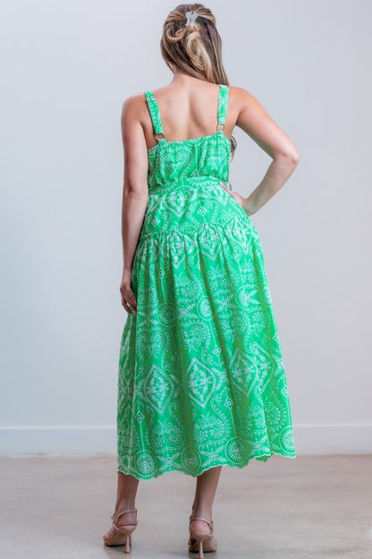 BELTED EMBROIDERED MIDI DRESS