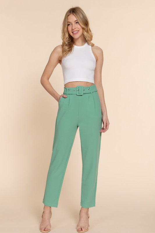 FRONT POCKET BELTED STRETCH PANTS