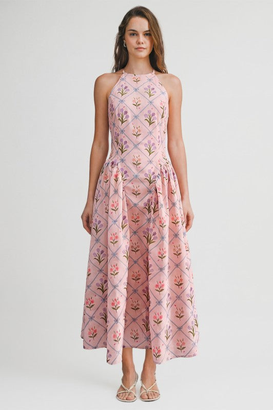 FLORAL JACQUARD HALTER MIDI DRESS