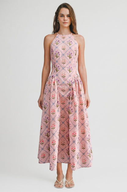 FLORAL JACQUARD HALTER MIDI DRESS