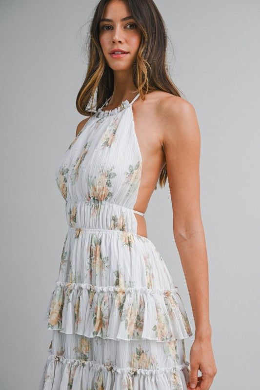 PRINTED FLORAL TIERED MIDI SUMMER DRESS
