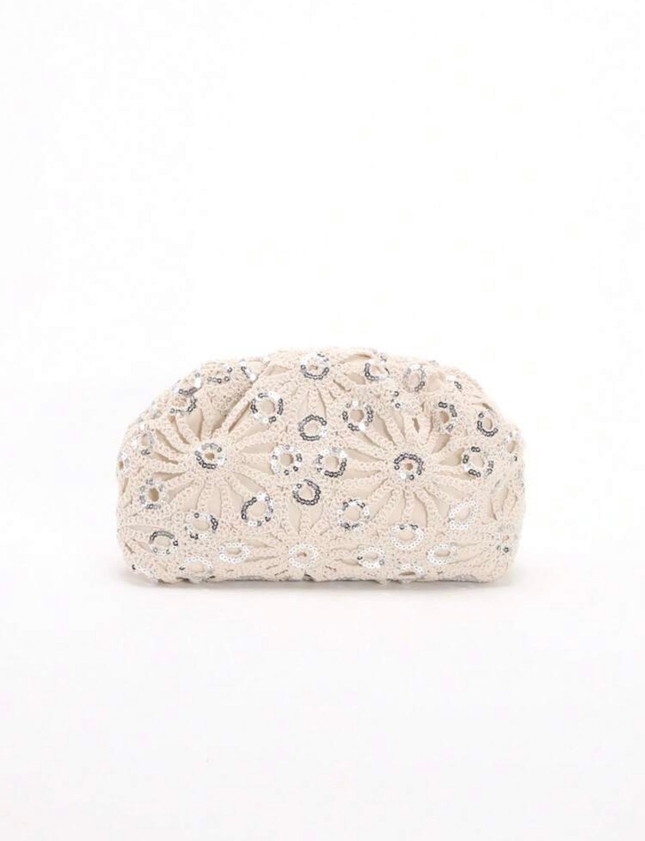 PVC SEQUINS PLEATED CLOUD MESH EMBROIDERED CLUTCH BAG