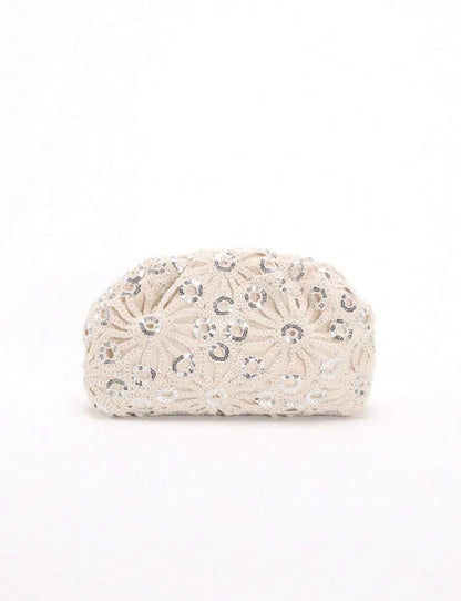 PVC SEQUINS PLEATED CLOUD MESH EMBROIDERED CLUTCH BAG